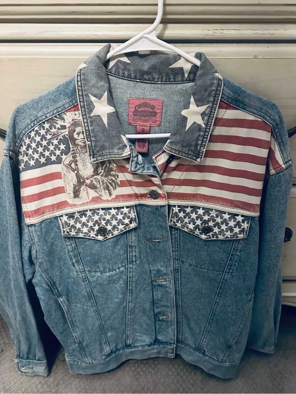 EUC! Vintage American Flag Denim Jacket Native American Patriotic 🇺🇸
